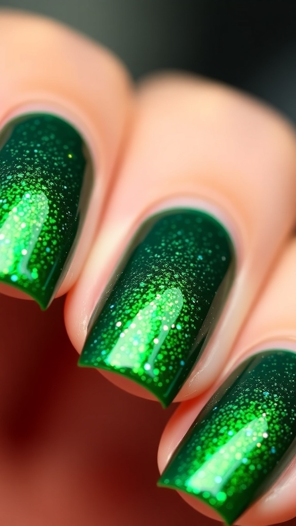 Christmas Green Glitter Ombre Nails Christmas green glitter ombre nails with a gradient effect from dark to light green, adorned with glitter.